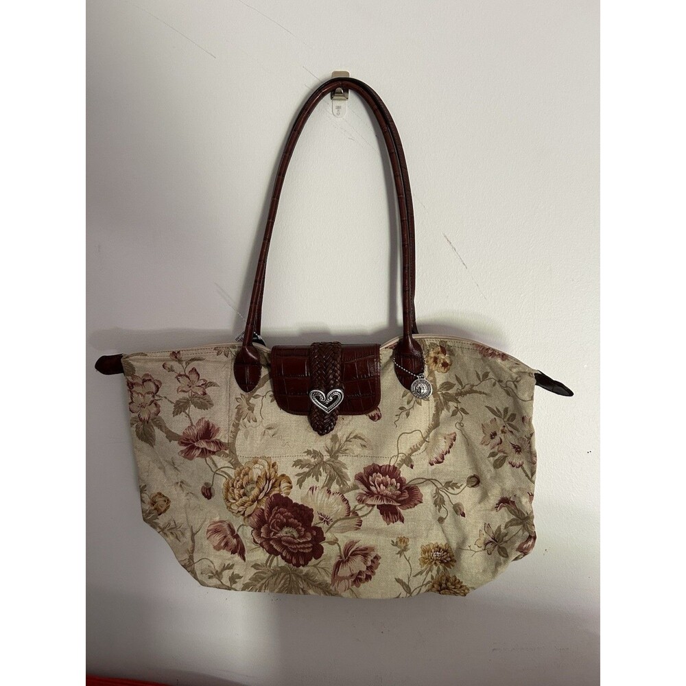 Brighton Floral Tapestry Tote Bag Brown Leather Croc Heart Charm Shoulder Purse